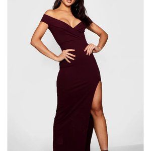 Boohoo Wrap Off The Shoulder Maxi Bridesmaid Dress - Burgundy